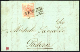 Cover 1850, Lettera Da Venezia Del 3.7 Per Padova Affrancata Con 15 C. Rosso I Tipo Prima Tiratura Carta A Mano, Sass. 3 - Lombardo-Vénétie