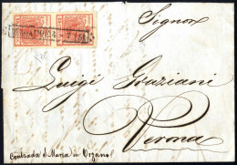 Cover 1851, Lettera Da Bergamo (R51 Punti 5) Del 24.7 Per Verona Affrancata Con Coppia Verticale 15 C. Rosso Vermiglio I - Lombardy-Venetia