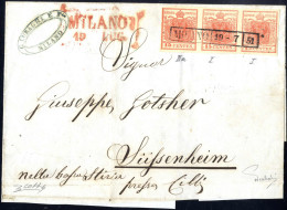 Cover 1851, Lettera Da Milano Del 19.7 Per Süssenheim Affrancata Con Striscia Di Tre Del 15 C. Rosso Vermiglio Carta A M - Lombardije-Venetië