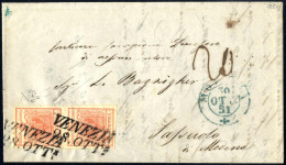 Cover 1851, Lettera Da Venezia Del 28.10 Per Modena Affrancata Con Coppia Verticale 15 C. Rosso Vermiglio II Tipo Carta  - Lombardy-Venetia