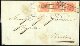 Cover 1851, Lettera Da Como (R51 Punti 4) Del 4.8 Per Mantova Affrancata Con Striscia Verticale Di Tre 15 C. Rosso Vermi - Lombardo-Vénétie