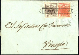 Cover 1851, Lettera Da Pavia (R51 Punti 4)del 19.10 Per Venezia Affrancata Con 15 C. Rosso Vermiglio Intenso II Tipo E 3 - Lombardo-Vénétie