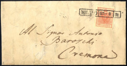 Cover 1851, Lettera Da Milano (R51 Punti 2) Del 23.8 Per Cremona Affrancata Con 15 C. Rosa II Tipo Carta A Mano, Sass. 5 - Lombardo-Vénétie