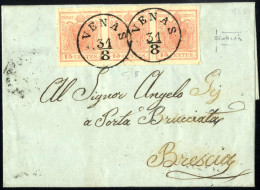 Cover 1852, Venas, C1 Punti 6, Lettera Del 31.8.1852 Per Brescia Affrancata Con Striscia Di Tre 15 C. Rosa II Tipo Carta - Lombardo-Vénétie