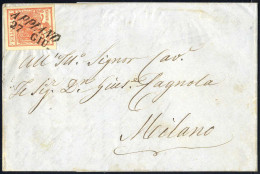 Cover 1854, Appiano, (SI Punti 7) Lettera Del 27.6.1854 Per Milano Affrancata Con 15 C. Rosso III Tipo Carta A Mano, Sas - Lombardo-Venetien