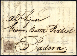 Cover 1850, Lettera Da Udine (SI Punti 7) Del 3.6 Terzo Giorno D'uso Per Padova Affrancata Con 30 C. Bruno I Tipo Prima  - Lombardy-Venetia