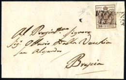 Cover 1850, Lettera Da Vicenza Il 13.7 Per Brescia Affrancata Con 30 C. Bruno I Tipo Prima Tiratura Carta A Mano, Firmat - Lombardy-Venetia