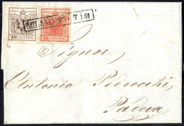 Cover 1851, Lettera Da Milano (R51 Punti 2) Del 23.7 Per Padova Affrancata Con 15 C. Rosso Vermiglio I Tipo E 30 C. Brun - Lombardije-Venetië