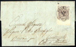 Cover 1851, Lettera Da Pavia Del 22.6 Per Giudizzolo Affrancata Con 30 C. Bruno Scuro I Tipo Prima Tiratura Carta A Mano - Lombardy-Venetia