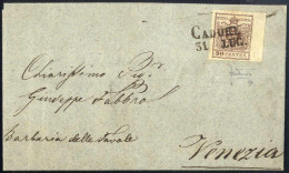 Cover 1855, Lettera Da Cadore (SD Punti 4) Del 31.7 Per Venezia Affrancata Con 30 C. Bruno Lillaceo II Tipo Carta A Mano - Lombardije-Venetië