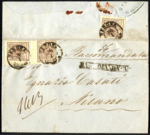 Cover 1855, Lettera Raccomandata Da Verona Del 30.1 Per Milano Affrancata Con Tre 30 C.bruno III Tipo Carta A Mano, Due  - Lombardo-Vénétie