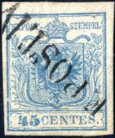 O 1850, F.POST.IV (SD Punti R2) Annullatore Su 45 C. Azzurro I Tipo Carta A Mano, Firmato ED, Cert. Ferchenbauer, Sass.  - Lombardy-Venetia