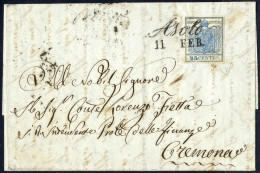 Cover 1851, Lettera Da Asolo (Cor. Punti 5) Del 11.2 Per Cremona Affrancata Con 45 C. Azzurro I Tipo Carta A Mano, Firma - Lombardije-Venetië