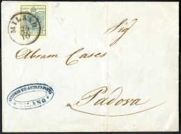 Delcampe - Cover 1854, Lettera Da Milano Del 25.10 Per Padova Affrancata Con 45 C. Azzurro Ardesia II Tipo Carta A Mano, Firmata ED - Lombardy-Venetia