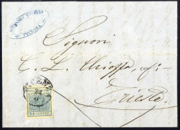 Cover 1854, Lettera Da Vicenza Del 24.8 Per Trieste Affrancata Con 45 C. Azzurro Ardesia II Tipo Carta A Mano, Sass. 11 - Lombardije-Venetië