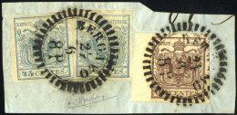 Piece 1855, Frammento Da Bergamo (D8P Punti 3) Affrancato Con 30 C. Bruno II Tipo (bordo Di Foglio A Sinistra) E Due 45  - Lombardy-Venetia