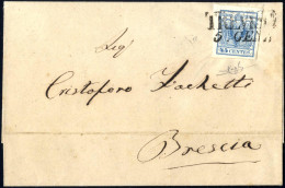 Cover 1856, Lettera Da Treviso Il 5.1 Per Brescia Affrancata Con 45 C. Azzurro III Tipo Carta A Mano, Firmata Raybaudi E - Lombardo-Vénétie