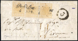 Cover 1856, Lettera Da Bardolino (Cor. Punti 5) Per Verona Affrancata Con Striscia Di Tre Del 5 C. Giallo Ocra, Bordo Di - Lombardy-Venetia