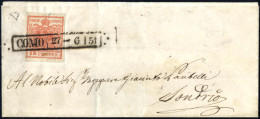 Cover 1851, Lettera Da Como (R51 Punti 4) Del 27.6 Per Sondrio Affrancata Con 15 C. Rosso Vermiglio II Tipo Carta A Cost - Lombardo-Venetien