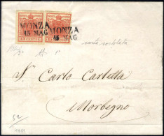 Cover 1851, Lettera Da Monza Del 15.5 Per Morbegno Affrancata Con Due 15 C. Rosso Vermiglio Carta A Coste Verticali I E  - Lombardije-Venetië