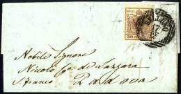 Cover 1851, Lettera Da Belluno Del 17.12 Per Padova Affrancata Con 30 C. Bruno I Tipo Carta A Coste Verticali, Sass. 16  - Lombardo-Vénétie