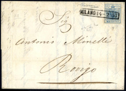 Cover 1853, Lettera Da Milano Il 14.2 Per Rovigo Affrancata Con 45 C. Azzurro, I Tipo Carta A Coste Verticali, Firmata R - Lombardije-Venetië