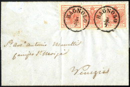 Cover 1854, Bagnolo, C1 Punti 8, Lettera Del 3.9.1854 Per Venezia Affrancata Con Coppia + Uno 15 C. Rosso Vermiglio III  - Lombardo-Venetien