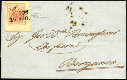 Cover 1854, Lettera Da Lecco Del 29.8 Per Bergamo Affrancata Con 15 C. Rosso III Tipo Carta A Macchina, Angolo Di Foglio - Lombardo-Venetien