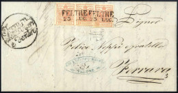 Cover 1855, Lettera Da Feltre (SD Punti 3) Del 23.7 Per Ferrara (Stato Pontificio) Affrancata Con Tre 15 C. Rosso Vermig - Lombardo-Veneto