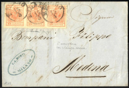 Cover 1858, Lettera Da Milano Il 15.3 Per Modena Affrancata Con Striscia Di Tre Del 15 C. Rosso Vermiglio III Tipo Carta - Lombardo-Venetien
