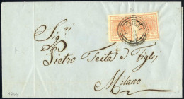 Delcampe - Cover 1858, Lettera Da Peschiera (C3 Punti 4) Del 14.2 Per Milano Affrancata Con Due 15 C. Rosa III Tipo Carta A Macchin - Lombardy-Venetia