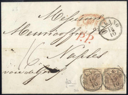 Cover 1858, Lettera Da Milano Del 18.10 Per Napoli Affrancata Con Coppia 30 C. Bruno II Tipo Carta A Macchina, Firmata S - Lombardy-Venetia