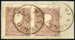 Piece 1858, Frammento Da Menaggio (CO Punti 9) Del 27.3 Affrancato Con Coppia 10 S. Bruno I Tipo, Sass. 26 / 900,- - Lombardy-Venetia