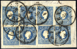 Piece 1859, Frammento Con Otto 15 S. Azzurro II Tipo, Annullato Venezia 30.5, Firmato Gazzi, Cert. Enzo Diena, Raro, Sas - Lombardo-Vénétie