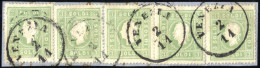 Piece 1862, Frammento Con Cinque 3 S. Verde Giallo, Annullato Venezia 2.11, Cert. Sorani, Raro, Sass. 35 - Lombardo-Venetien