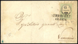 Cover 1855, Lettera Da Serravalle (SD Punti 5) Del 12.1 Per Venezia Affrancata Con 15 C. Marca Da Bollo Verde E Nero Tip - Lombardo-Venetien