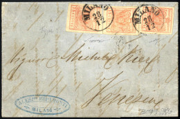 Cover 1857/58, Lettera Da Milano Il 28.12 Per Venezia Affrancata Con Tre 15 C. Rosa Vermiglio I Tipo Carta A Macchina, F - Lombardy-Venetia