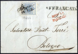 Cover Alzano, (Cor. Punti 7) Lettera Del 18.2.1853 Per Bologna Affrancata Con 45 C. Azzurro I Tipo Carta A Mano, Firmata - Lombardy-Venetia