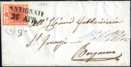 Cover Antignate, (SD Punti 11) Lettera Del 26.4.1851 Per Bergamo Affrancata Con 15 C. Rosso Vermiglio Intenso I Tipo Car - Lombardy-Venetia