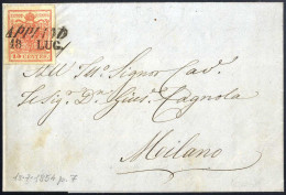 Cover Appiano, (SI Punti 7) Lettera Del 18.7.1854 Per Milano Affrancata Con 15 C. Rosso III Tipo Carta A Mano, Sass. 6 / - Lombardo-Vénétie