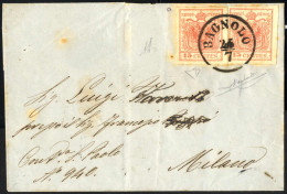 Cover Bagnolo, C1 Punti 8, Lettera Del 25.7.1855 Per Milano Affrancata Con Due 15 C. Rosa III Tipo Carta A Macchina, Fir - Lombardo-Vénétie