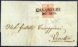 Cover Cavarzere, (SD Punti 7) Del 20.8.1850 Per Venezia Affrancata Con 15 C. Rosso I Tipo Prima Tiratura Carta A Mano, F - Lombardy-Venetia