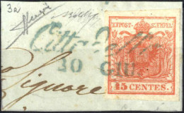 Piece Cittadella, Cor. Azzurro Punti R1, Frammento Del 30.6.1850 Trentesimo Giorno D'uso Affrancato Con 15 C. Rosso I Ti - Lombardy-Venetia