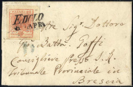 Cover Edolo, (SI Punti 5) Minilettera Del 6.8.1852 Per Brescia Affrancata Con 15 C. Rosa II Tipo Carta A Mano, Sass. 5 - Lombardo-Vénétie
