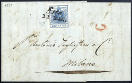 Cover Este, (Cor. Punti 5) Lettera Del 22.5.1851 Per Milano Affrancata Con 45 C. Azzurro I Tipo Carta A Mano, Sass. 10 / - Lombardo-Venetien