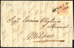 Cover Menaggio, SD Punti 6, Lettera Del 8.11.1855 Per Milano Affrancata Con 15 C. Rosso III Tipo Carta A Mano, Bordo Di  - Lombardo-Veneto