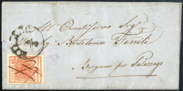 Cover Milano, C1 + A Penna Punti 8, Lettera Del 6.3.1858 Per Bergamo Affrancata Con 15 C. Rosso III Tipo Carta A Macchin - Lombardo-Venetien