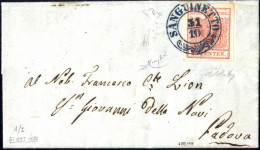 Cover Sanguinetto, (2CO Azzurro Punti 13) Lettera Del 31.10.1850 Per Padova Affrancata Con 15 C. Rosso I Tipo Prima Tira - Lombardo-Venetien