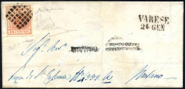 Cover Varese, (M Punti R2),lettera Del 24.1 Per Milano Affrancata Con 15 C. Rosso I Tipo Carta A Mano, Firmata Bolaffi,  - Lombardo-Venetien