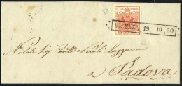 Cover Vicenza, R50 Punti 6, Lettera Del 19.10 Per Padova Affrancata Con 15 C. Rosso I Tipo Prima Tiratura Carta A Mano,  - Lombardy-Venetia